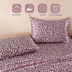 MR&HM Satin Bed Sheets with Elastic Corner Straps, Full Size Sheets Set, 4 Pcs Silky Bedding Set with 15 Inches Deep Pocket for Mattress (Full, Pink Leopard)