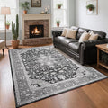 CRYPTOLITE Living Room Rug 7x10, Machine Washable Area Rug Non Slip Low Pile Vintage Rug for Living Room, Bedroom, Farmhouse, Dining Room, Kids Playroom, Grey