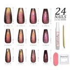 Hypnaughty 24 Pcs Galaxy Cat Eye Effect Magenta Color Changing Glossy And Sparkly Coffin Long Press On Nails With Nail Kit And Glue (Galaxy Cat Eye)