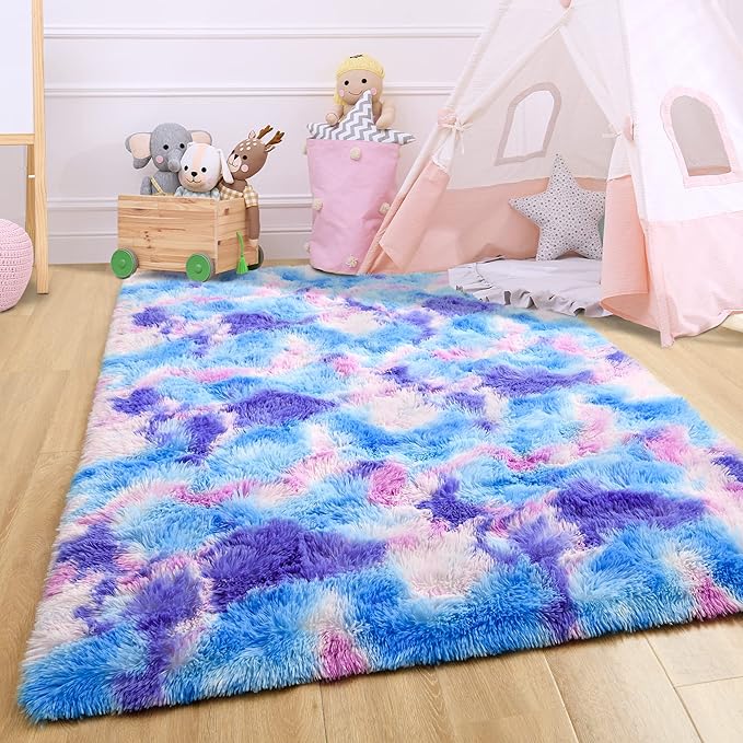 Noahas Kids Rugs for Bedroom Girls,3x5 Feet Rainbow Rug,Blue and Purple Kids Carpet,Shaggy Fluffy Bedroom Rug,Colorful Area Rug Nursery Toddler Boys Girls Room Decor