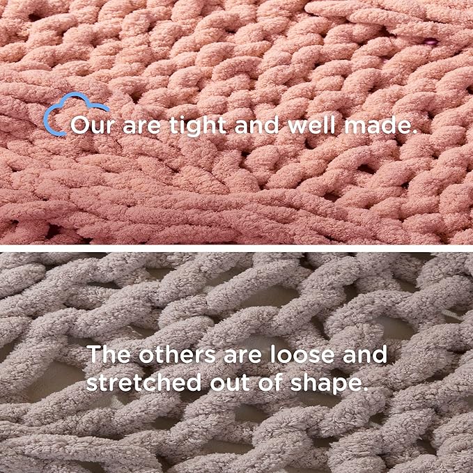 Chunky Knit Blanket Throw - 100% Hand Knitted Chunky Soft Throw Blanket for Couch, Thick and Warm Blanket for Winter, Pink, 40x50 Inches