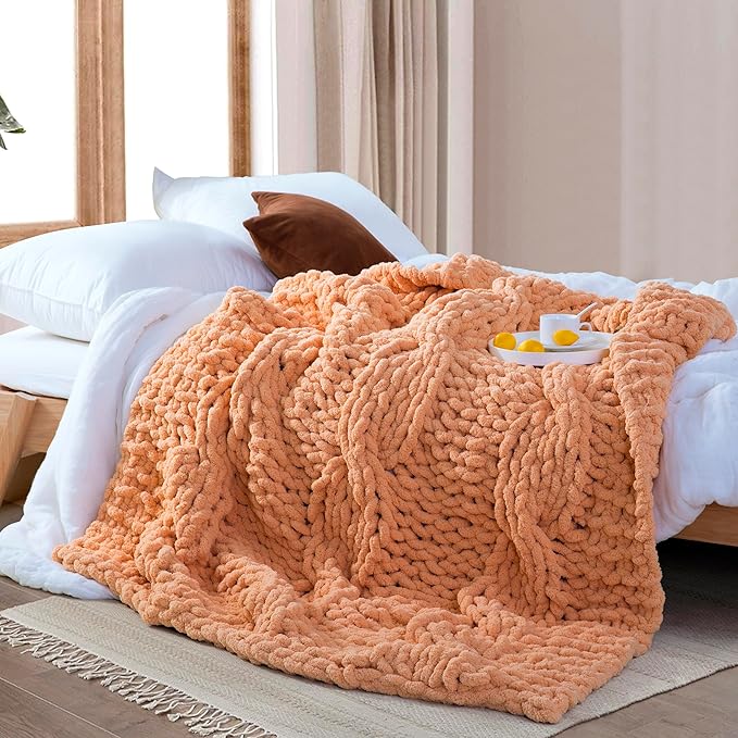 Chunky Knit Blanket Throw - 100% Hand Knitted Chunky Soft Throw Blanket for Couch, Thick and Warm Blanket for Winter, Light Yellow, 40x50 Inches