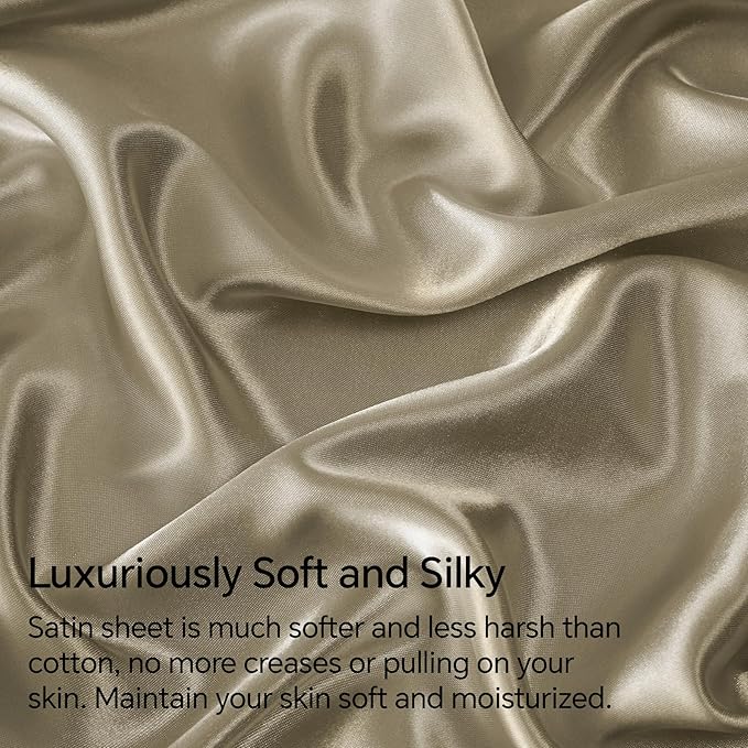 BEDELITE Satin Sheets Full Size Bed Set, Luxury Soft Taupe Silky Sheets for Hair and Skin, Similar to Silk Bed Sheets Set 4 Pieces with 1 Deep Pocket Fitted Sheet, 1 Flat Sheet, and 2 Pillowcases