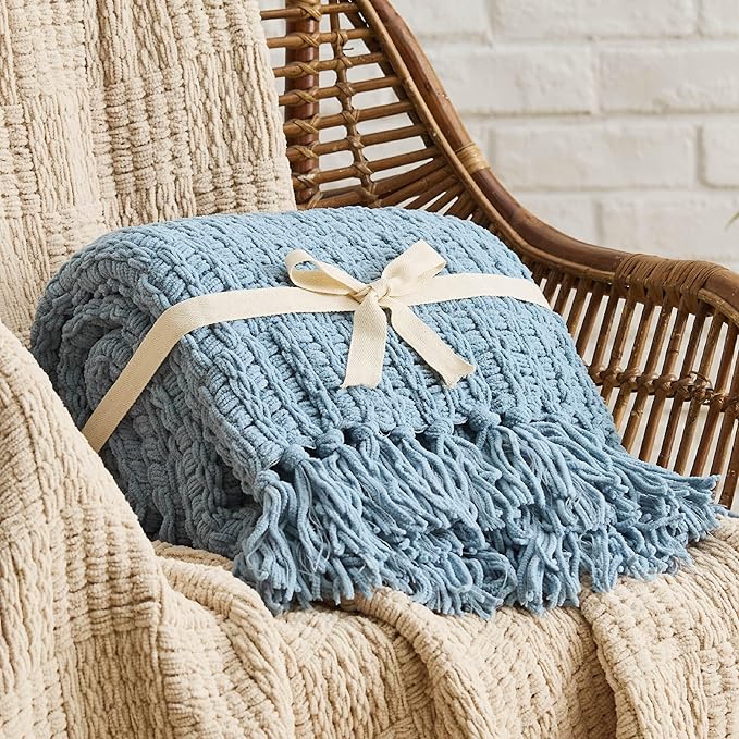 Bedsure Blue Throw Blankets for Couch - Textured Chunky Knit Woven Chenille Blanket - Super Soft, Warm Decorative Boho Throw with Tassels for Bed, Sofa and Living Room Decor, 50x60 Inches