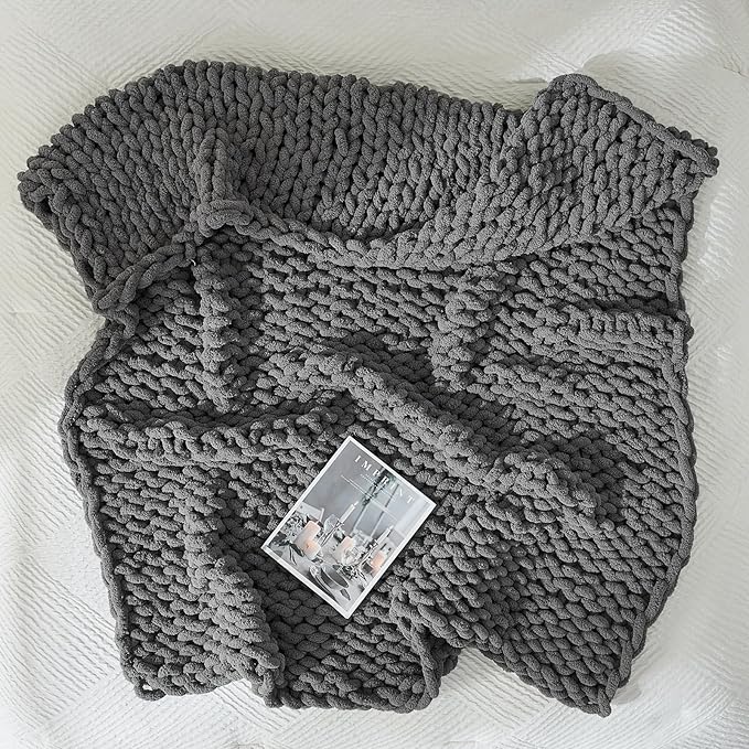 YAAPSU Chunky Knit Throw Blanket for Couch, 51"x63", 100% Hand Knitted Thick Cable Knit with Cozy Jumbo Chenille Yarn, Soft Large Rope Knot Crochet Blankets for Sofa Bed Living Room Décor, Gray