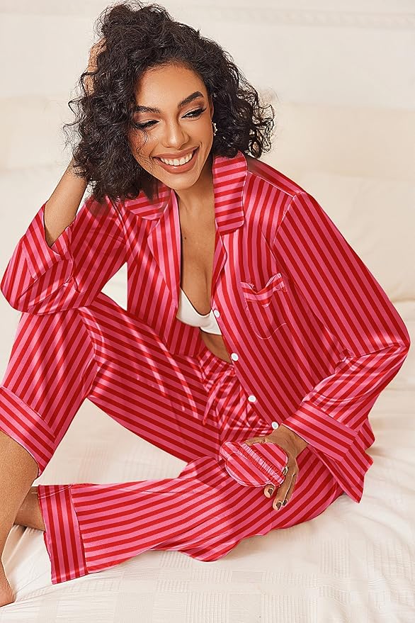 Ekouaer Womens Silk Satin Pajama Sets 2 Piece Sleepwear Pjs Set Long Sleeve Button Down Top and Pants Stripe Loungewear S-XXL