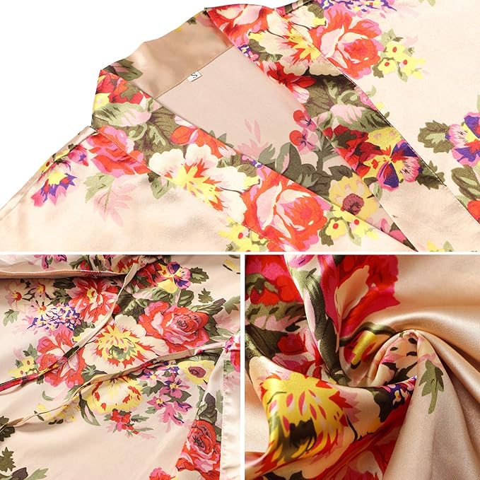 Women's Floral Satin Robes Bride Bridesmaid Getting Ready Robe Short Silky Kimono Sleepwear for Wedding Party
