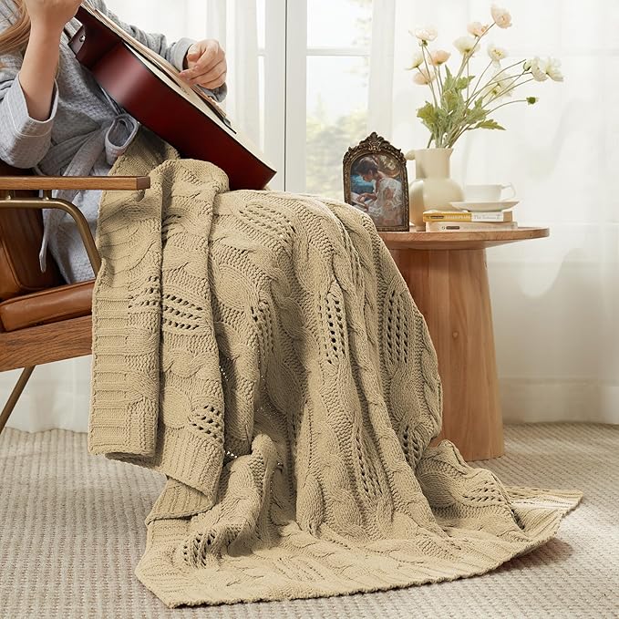 Amélie Home Chunky Knit Throw Blanket, Dual-Sided Soft Chenille Breathable Cable Knitted Blanket for Couch, Farmhouse Decorative Throw for Sofa & Chair, 50"x60", Beige