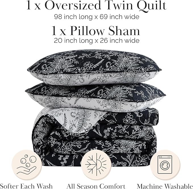 Southshore Fine Living, Inc. Oversized Bedding Quilt Set, Twin XL Coverlet, Reversible Quilt, Lightweight Coverlet Twin XL, Floral Bedspread 2-Piece Set with One Matching Quilted Pillow Sham, Black