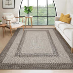 9x12 Living Room Rug Large Washable Rug Non Slip Boho Accent Braided Print Carpet Indoor Throw Floor Cover Farmhouse Rustic Area Rug Bohemian Border Carpet for Bedroom Home Decor, Mocha