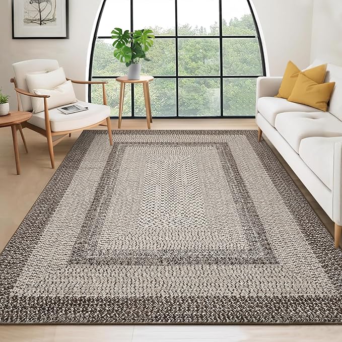RUGSREAL 8x10 Washable Area Rug for Living Room with Rubber Backing Boho Rug Stain Resistant Large Bedroom Throw Carpet Modern Geometric Floor Cover Bohemian Border Rug for Home Decor Office, Mocha