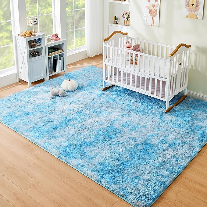 Litanika 6x9 Fluffy Shag Faux Fur Area Rug for Living Room Bedroom, Tie-Dyed Sky Blue High Pile Soft Plush Shaggy Furry Bedside Playroom Dorm Carpet, Non-Slip, Non-Shedding Modern Indoor Floor Rug