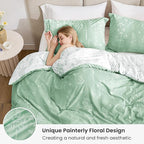 Love's cabin Sage Green Comforter Set Queen - Queen Size Comforter Set, 3 Pieces Cute Floral Bedding Sets for All Seasons,1 Soft Reversible Botanical Flowers Comforter and 2 Pillow Shams