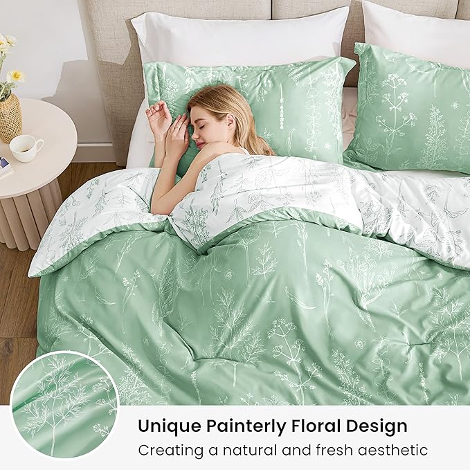 Love's cabin Sage Green Comforter Set Full - Full Size Comforter Set, 3 Pieces Cute Floral Bedding Sets for All Seasons,1 Soft Reversible Botanical Flowers Comforter and 2 Pillow Shams