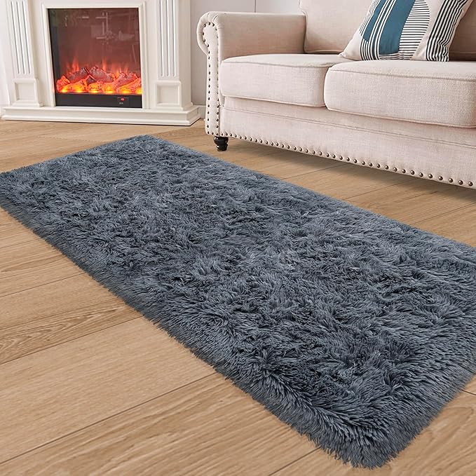 Runner Rug for Bedroom 2x6 Grey Fluffy Shaggy Rug Soft Plush Fuzzy Area Rug Bedside Runners for Hallway Kids Nursery Dorm Playroom Living Room with Non Slip Modern Indoor Decor Carpet