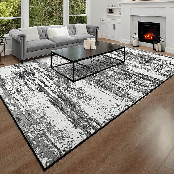 Area Rug 5x7 Washable Living Room Rug Abstract Print Non-Slip Low Pile Soft Faux Wool Carpet Rugs for Bedroom Kitchen Dining Room Playroom Kids Room Dorm Office Farmhouse Home Decor (Black and Grey)