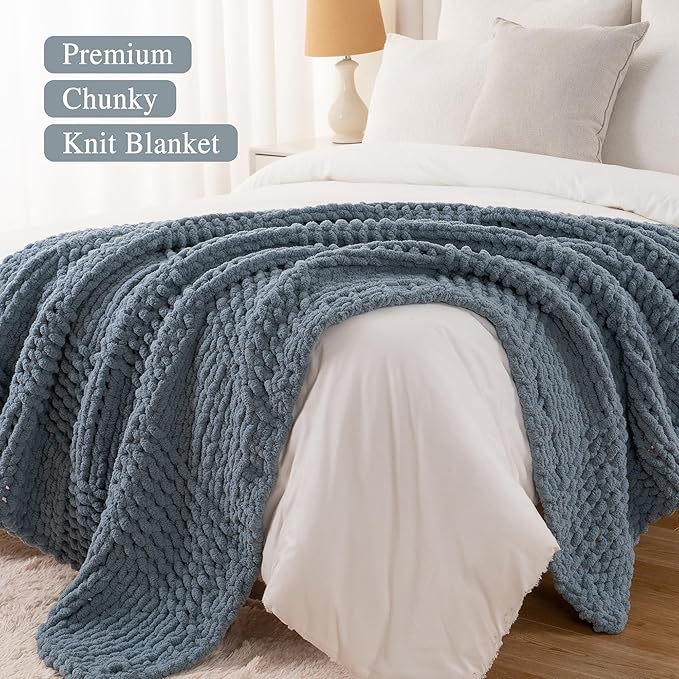 Bunnikins & Clover Dusty Blue Throw Blanket, Handmade Chenille Cable Chunky Knit Throw for Couch, Blue Grey Throw Blanket for Home Decor, 50"x60"