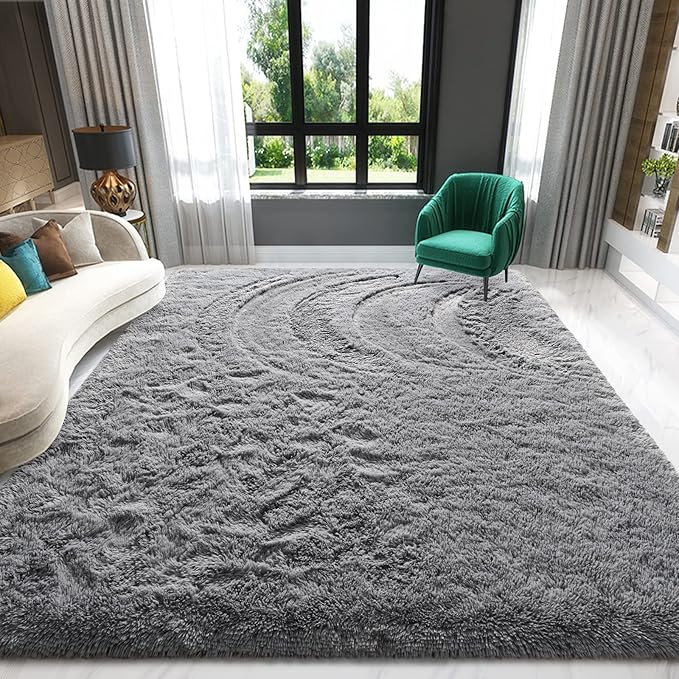 Grey Area Rug 8x10 Large Rugs for Living Room Bedroom, Fluffy Soft Rug Modern Carpets for Kids Room, Non-Skid Rectangular Indoor Rug for Girls Boys Playroom Nursery Room Home Decor