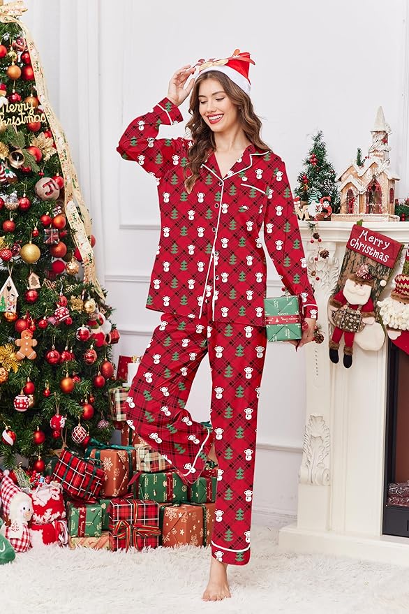 Ekouaer Women's Classic Button Down Long Satin Silk Pajama Set