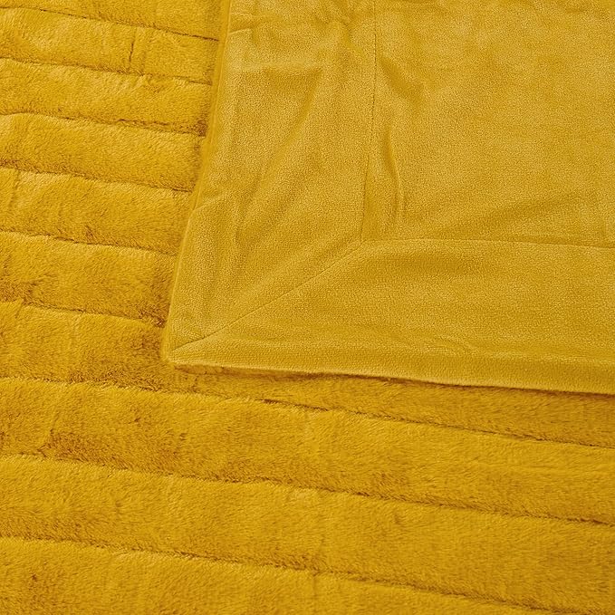 Striped Throw Blanket and Pillow Covers Set (No Inserts) for Couch and Bed, Plush Warm Lightweight Fuzzy Faux Fur Blanket for All Seasons (50" x 60", Mustard Yellow)