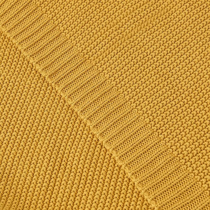 Longhui bedding Mustard Yellow Cotton Cable Knit Throw Blanket for Couch Sofa Bed, Home Decorative Lightweight Knitted Blankets with Bonus Laundering Bag, 60“ x 80”, Machine Washable