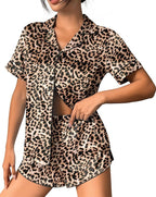 Ekouaer Womens Silk Satin Pajama Set Print Short Sleeve Sleepwear Button Down Pjs Shorts Set Loungewear