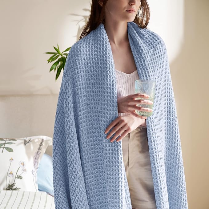 Bedsure Gentlesoft 100% Cotton Blanket Twin XL Size for College Dorm - Cooling Breathable and Soft for Spring Summer, Waffle Weave Twin Blanket for Bed, Dorm Room Essentials, Sky Blue, 66x90 inches
