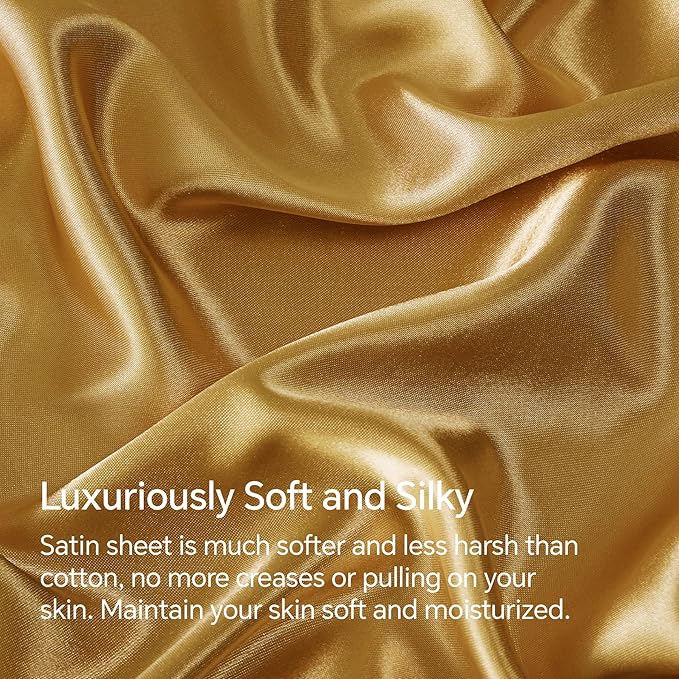 BEDELITE Satin Sheets Full Size Bed Set, Luxury Soft Gold Silky Sheets for Hair and Skin, Similar to Silk Bed Sheets Set 4 Pieces with 1 Deep Pocket Fitted Sheet, 1 Flat Sheet, and 2 Pillowcases