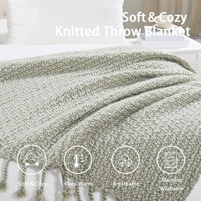 Chunky Knit Throw Blanket with Braided Tassels 50" x 60", Hand Knitted Soft Thick Yarn Basket Weave Boho Farmhouse Blanket, Plush Fluffy Tassel Decor Throw for Couch Bed Sofa, Silver Green