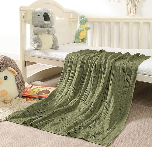Aormenzy Cable Knit Throw Blankets 30 x 40 Inches, Soft Cozy and Lightweight Knitted Blanket, Machine Washable 100 Percent Acrylic Blanket, Decorative Throw Blanket for Couch Sofa Bed, Olive Green