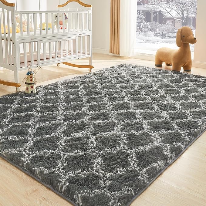 Litanika 3x5 Geometric Shag Area Rug for Bedroom, Dark Grey and White High Pile Ultra Soft Plush Shaggy Furry Bedside Playroom Dorm Carpet, Non-Slip, Non-Shedding Indoor Floor Rug