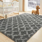 Litanika 6x9 Geometric Shag Area Rug for Bedroom, Dark Grey and White High Pile Ultra Soft Plush Shaggy Furry Bedside Playroom Dorm Carpet, Non-Slip, Non-Shedding Indoor Floor Rug