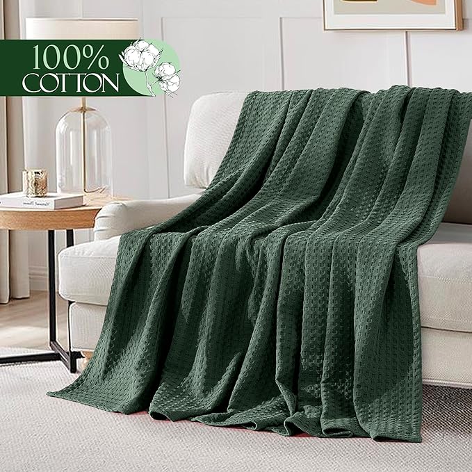 Elegant Comfort Premium 100% Cotton Waffle Blanket - Lightweight Breathable Waffle Weave Bed Blanket - Soft and Warm All Season Blanket for Couch, Sofa and Bed, Full Size 88x88 Inches, Hunter Green