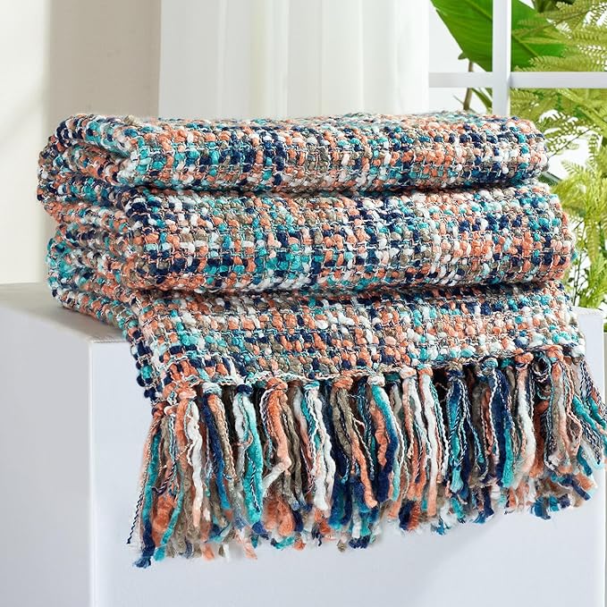 Multi-Color Pink Cable Woven Throw Blanket for Couch,50"X60" Boho Style Textured Blankets for Home Decor,Super Soft Warm Cozy Chunky Blanket with Decorative Tassels for Bed and Sofa