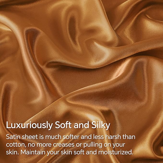 BEDELITE King Size Sheets Set, Luxury Soft Burnt Orange Satin Sheets for Hair and Skin, Similar to Silk Bed Sheets Set 4 Pieces with 1 Deep Pocket Fitted Sheet, 1 Flat Sheet, and 2 Pillowcases