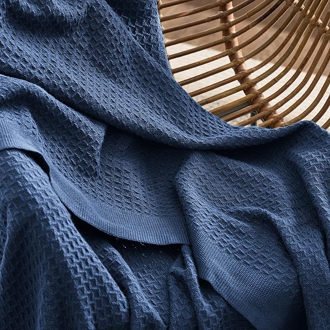 Bedsure Gentlesoft 100% Cotton Throw Blanket for Couch 50x70 inches - Cooling Breathable and Soft for Spring Summer, Waffle Weave Throw Blanket for Office, Navy