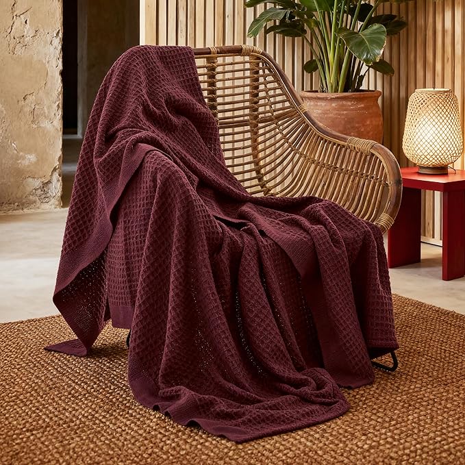 Bedsure Gentlesoft 100% Cotton Blanket Twin XL Size for College Dorm - Breathable and Soft for Spring Summer, Waffle Weave Twin Blanket for Bed, Dorm Room Essentials, Burgundy, 66x90 inches