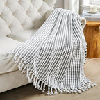 Striped Knit Throw Blanket with Braided Tassels 50" x 60", Hand Knitted Soft Chunky Chain Design Boho Farmhouse Blanket, Two Tone Tassel Decor Throw for Couch Bed Sofa Outdoor, Gray White