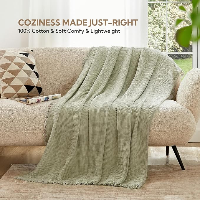 SOULFUL Muslin Throw Blanket with Tassels - Soft King Size Cotton Throw Blanket for Couch or Bed, Lightweight and Breathable Gauze for All Seasons, LightChampagne, 108" x 90"