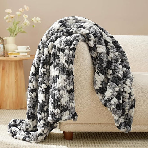 Amélie Home Chunky Knit Throw Blanket for Couch, Soft Chenille Handmade Crochet Throw Rope Knot Blanket for Couch, 50"x60", Space-Dyed Black