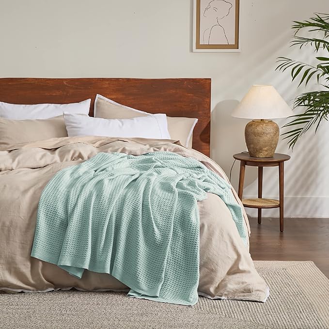 Bedsure Gentlesoft 100% Cotton Blanket King Size for Bed - Cooling Breathable and Soft for Spring Summer, Thick Cozy Waffle Weave Blanket Gifts for Women, Mint, 104x90 inches