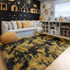 Amdrebio Black Gold Yellow Grey Rugs for Bedroom Living Room Decor, Fluffy Furry Fuzzy Shaggy Area Rug 5x7 for Kids Room Dorm Home Office, Modern Cool Leopard Cheetah Shag Carpet for Teen Boys Men
