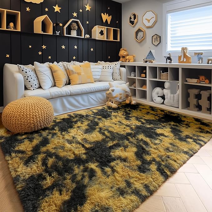 Amdrebio Black Gold Yellow Grey Rugs for Bedroom Living Room Decor, Fluffy Furry Fuzzy Shaggy Area Rug 5x7 for Kids Room Dorm Home Office, Modern Cool Leopard Cheetah Shag Carpet for Teen Boys Men