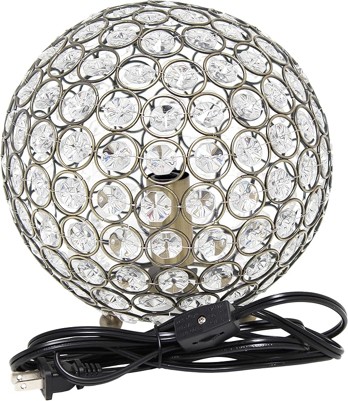 Elegant Designs LT1026-ABS 8" Elipse Crystal Collection Metal Crystal Ball Sequin Table Desk Lamp for Accent Lighting, Décor, Living Room, Antique Brass