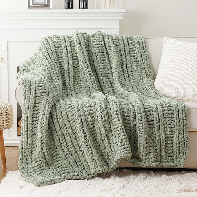 Battilo Chunky Knit Blanket Throw，Sage Throw Blanket for Couch, Thick Warm Soft Cozy Knitted Chenille Throw Blanket for Sofa, Bed, Living Room, 50"x60"