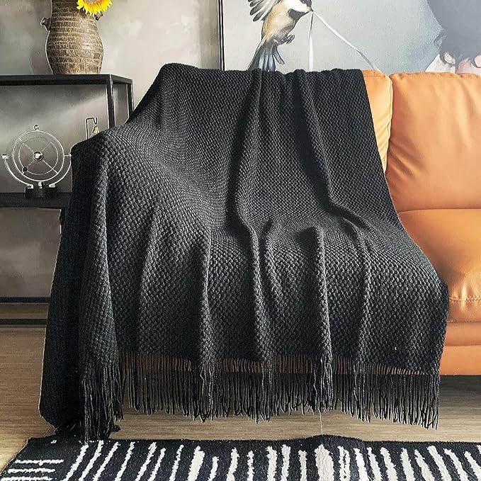 LOMAO Knitted Throw Blanket with Tassels Bubble Textured Lightweight Throws for Couch Cover Home Decor (Black, 50x60)