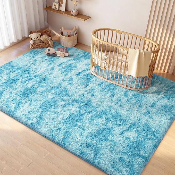 Litanika 5x8 Fluffy Shag Faux Fur Area Rug for Living Room Bedroom, Tie-Dyed Dreamy Blue High Pile Soft Plush Shaggy Furry Bedside Playroom Dorm Carpet, Non-Slip, Non-Shedding Modern Indoor Floor Rug