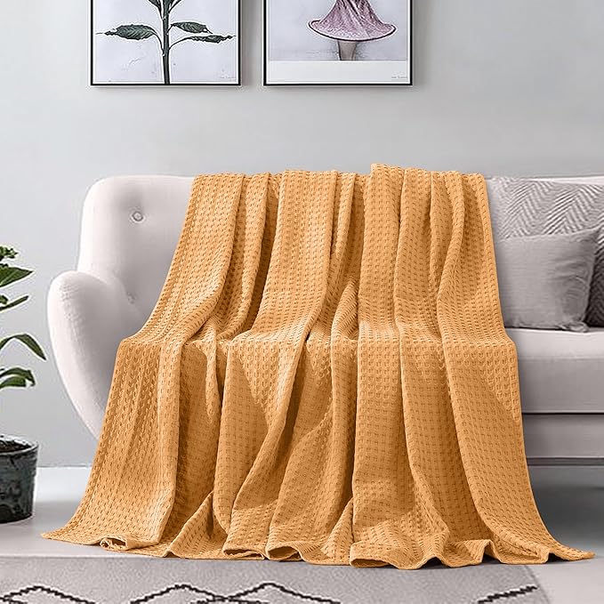Elegant Comfort Premium 100% Cotton Waffle Blanket - Lightweight Breathable Waffle Weave Bed Blanket - Soft and Warm All Season Blanket for Couch, Sofa and Bed, TwinXL Size 68x90 Inches, Gold