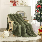 WESHIONGOO Chunky Knit Blanket Throw 51"×63" Knitted Throw Blankets for Couch Bed Fluffy Soft Blanket with Jumbo Chenille Yarn Thick 100% Handmade (Olive Green)