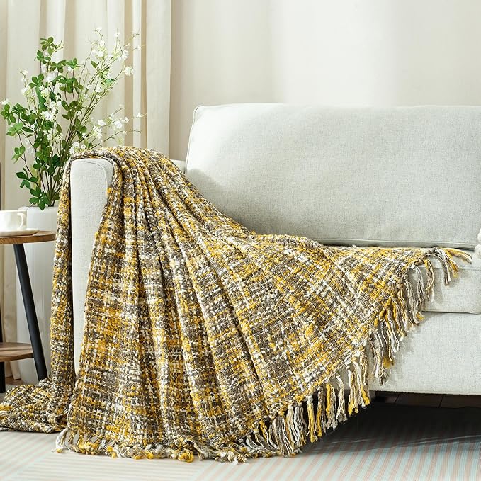 Multi-Color Gold Cable Woven Throw Blanket for Couch,60"X80" Boho Style Textured Blankets for Home Decor,Super Soft Warm Cozy Chunky Blanket with Decorative Tassels for Bed and Sofa